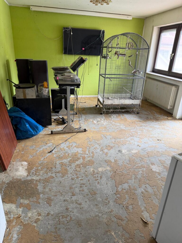 Wohnzimmer während der Entmüllung, Müll und Bodenbelag bereits entfernt
