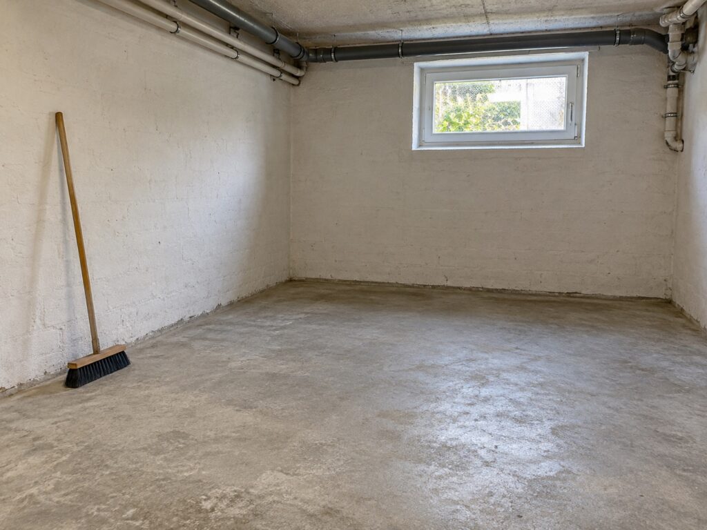 Besenrein entrümpelter Kellerraum mit Besen an der Wand