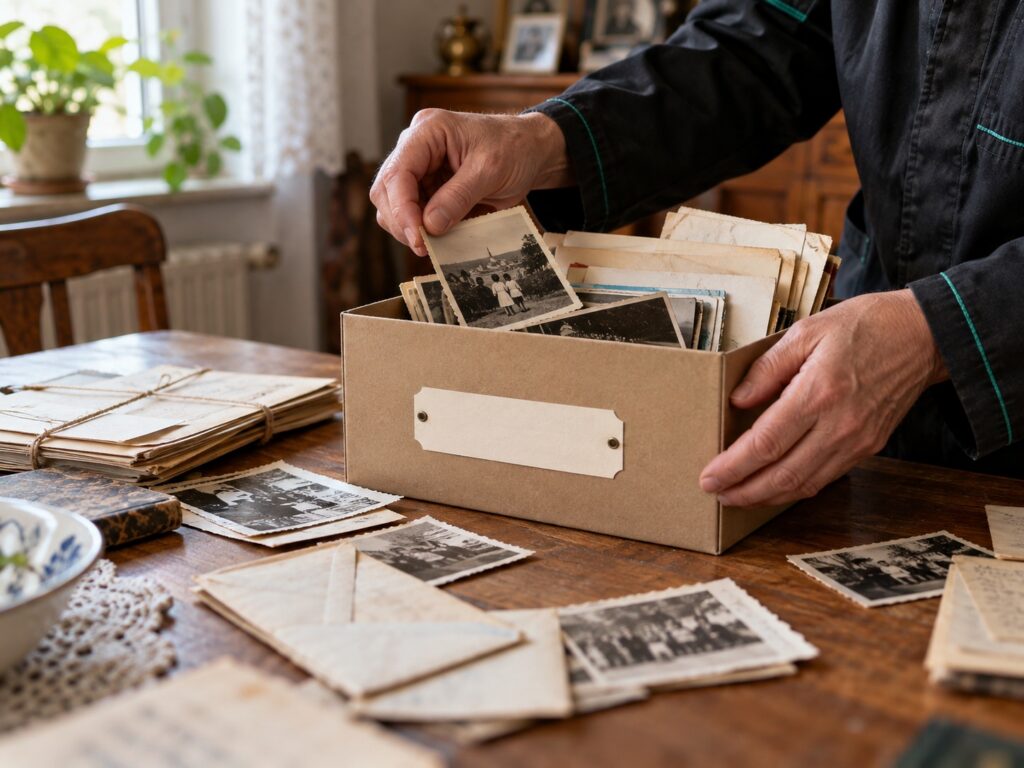 Familienfotos und Erinnerungsstücke werden bei einer Haushaltsauflösung sorgfältig sortiert