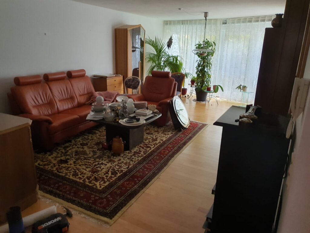 Möbliertes Wohnzimmer mit Ledersofa, Teppich und Schrank vor der Haushaltsauflösung