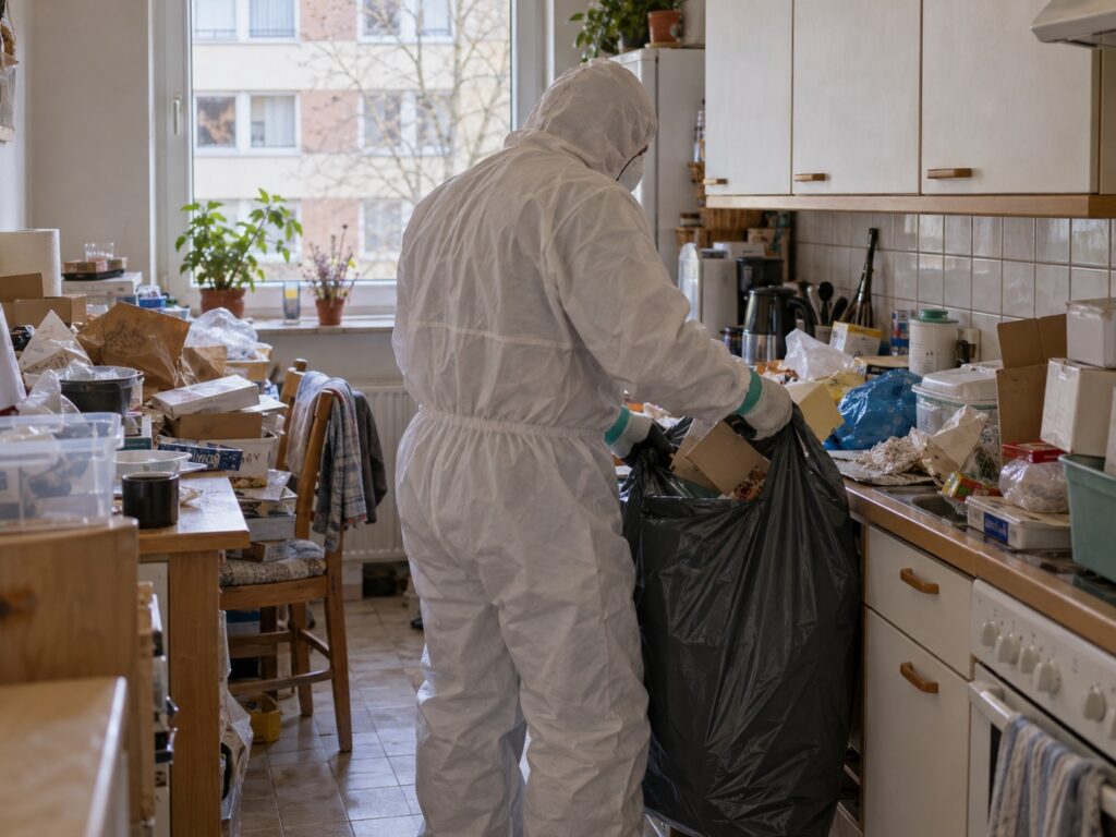 Mitarbeiter in Schutzanzug räumt die Küche einer Messie-Wohnung